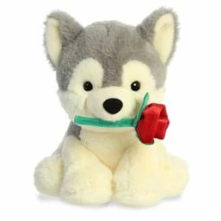 8.5" Cuddles Husky Dog With Red Rose Valentine Stuffed Plush